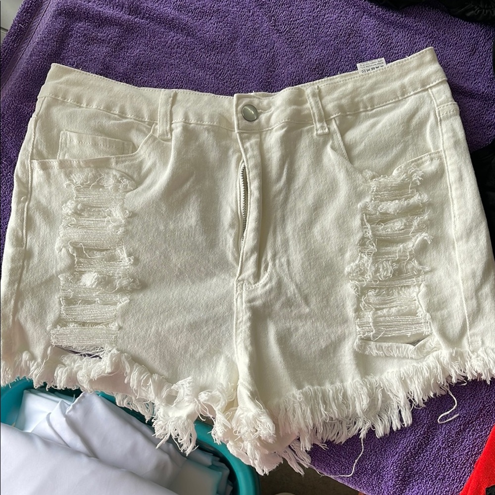 SHEIN White Distressed Jean Shorts with Frayed Hem